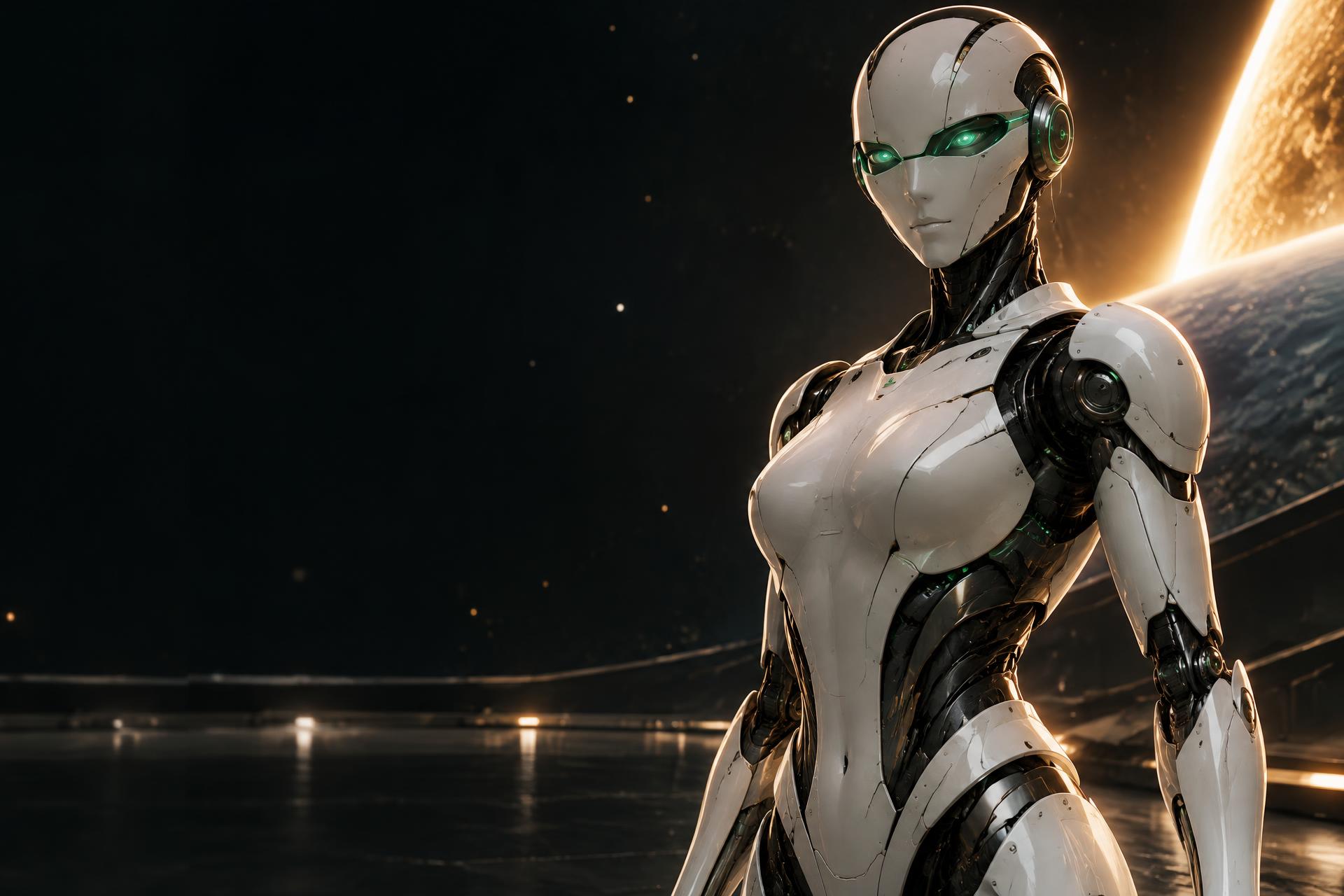Robô humanoide KEN com acabamento branco-perolado, detalhes em grafite e olhos verde-esmeralda